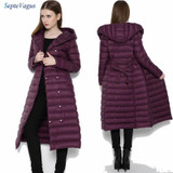 Duck Down Jacket Women Double-breasted Padded Coat Longer Plus Size Thin Slim Down Female Hooded Over Knee Jacket Down JacketXXL