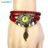 Dropship Hcandice Hot Selling Womens Bracelet Vintage Weave Wrap Quartz Leather Leaf Beads Wrist Watches Gift 1pcs Dec 9