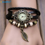 Dropship Hcandice Hot Selling Womens Bracelet Vintage Weave Wrap Quartz Leather Leaf Beads Wrist Watches Gift 1pcs Dec 9