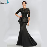 Dressv Vintage Black Mermaid Lace Long Evening Dresses Half Sleeves Beaded scoop neck long appliques evening dress prom dress