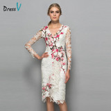 Dressv V-neck long sleeves cocktail dress sheath appliques lace knee length flowers elegant cocktail dress formal party dress