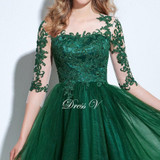 Dressv scoop neck A-line cocktail dress green appliques 3/4 length sleeves button knee-length cocktail dress formal party dress