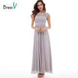 Dressv light gray lace beading evening dress elegant a line cap sleeves pleats ruched chiffon wedding party dress evening dress