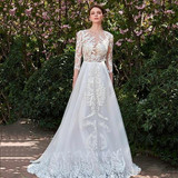 Dressv Ivory Long Wedding Dress Three Quarter Sleeves Jewel Neck A Line Appliques Lace Tulle Sweep Train Custom Wedding Dress