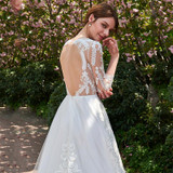Dressv Ivory Long Wedding Dress Three Quarter Sleeves Jewel Neck A Line Appliques Lace Tulle Sweep Train Custom Wedding Dress