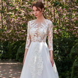 Dressv Ivory Long Wedding Dress Three Quarter Sleeves Jewel Neck A Line Appliques Lace Tulle Sweep Train Custom Wedding Dress