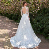 Dressv Ivory Long Wedding Dress Three Quarter Sleeves Jewel Neck A Line Appliques Lace Tulle Sweep Train Custom Wedding Dress