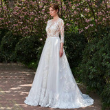 Dressv Ivory Long Wedding Dress Three Quarter Sleeves Jewel Neck A Line Appliques Lace Tulle Sweep Train Custom Wedding Dress