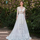 Dressv Ivory Long Wedding Dress Three Quarter Sleeves Jewel Neck A Line Appliques Lace Tulle Sweep Train Custom Wedding Dress