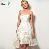 Dressv ivory flowers lace cocktail dress strapless knee length a line sleeveless short homecoming dress cocktail party dress