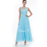 Dressv ice blue A-line chiffon evening dress scoop neck ankle length lace long evening dress open back formal party prom dress