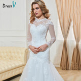 Dressv Fashionable Long Sleeves Mermaid Wedding Dresses 2017 Custom Made Lace High Neck Sheer Hollow Back Plus Size Bridal Gowns