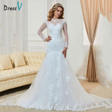 Dressv Fashionable Long Sleeves Mermaid Wedding Dresses 2017 Custom Made Lace High Neck Sheer Hollow Back Plus Size Bridal Gowns