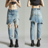 2017 Abner Fashion Boyfriend Hole Ripped Denim Brand Jeans Women High Waist Fake Two Pieces Vintage Loose Straight Jeans Pants