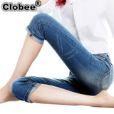 2017 3/4 Women's Skinny Jeans Summer Knee Length Blue Stretch Denim Trousers & Capris Women Plus Size Shorts Pencil Pants Female