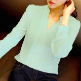 2016 Womens Long Sleeve White Chiffon Blouse Shirt Ladies Green Pink White Elegant Sexy V-Neck Blouses Female Office Plus Size