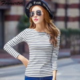 Foxmertor Cotton T-shirt Women 2018 New Autumn Long Sleeve O-Neck Striped Female T-Shirt White Casual Basic Classic Tops #F620