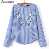 Foxmertor 2017 Hot Spring Summer Blouses Floral Embroidery Tops Casual Women Blouse Blue Long Sleeve O-Neck Women Shirts #E102