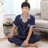 2017 Fashion Spring Summer Autumn Men Silk Pajamas Sets of Sleepshirt & Trousers Adult Sleepwear Man Loungewear Plus Size 3XL