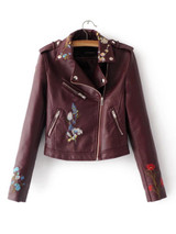 2017 Fashion Spring Leather Jacket Women Floral Embroidery Zipper Short PU Motorcycle Jacket Women Basic Coats Jaqueta Feminina