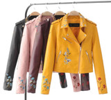 2017 Fashion Spring Leather Jacket Women Floral Embroidery Zipper Short PU Motorcycle Jacket Women Basic Coats Jaqueta Feminina