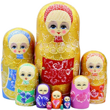 Handmade Wooden Yellow Matryoshka Nesting Dolls 10 Pieces