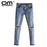 New 2017 Fashion Beading Jeans Women Hole Casual Denim Pants Elastic Skinny Mid Waist Slim Trousers Rivet Pearl Jeans