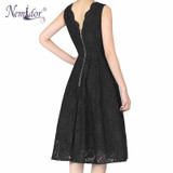 Nemidor 2017 Women Elegant Plus Size V-neck Midi Swing Dress Summer Sleeveless Scalloped Retro Party Casual Lace Dress