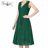 Nemidor 2017 Women Elegant Plus Size V-neck Midi Swing Dress Summer Sleeveless Scalloped Retro Party Casual Lace Dress