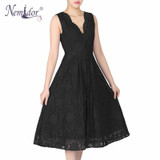 Nemidor 2017 Women Elegant Plus Size V-neck Midi Swing Dress Summer Sleeveless Scalloped Retro Party Casual Lace Dress
