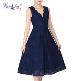 Nemidor 2017 Women Elegant Plus Size V-neck Midi Swing Dress Summer Sleeveless Scalloped Retro Party Casual Lace Dress