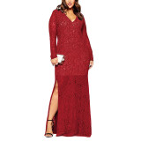 Nemidor 2017 Autumn Women V-neck Elegant Party Dress Plus Size 6XL 7XL 8XL Sexy Long Sleeve Party Lace Split Maxi Dress