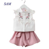 2017 summer Korean baby girls clothing set children heart shirt+bow shorts suit 2pcs kids floral bow clothes set suit