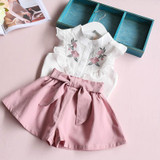 2017 summer Korean baby girls clothing set children heart shirt+bow shorts suit 2pcs kids floral bow clothes set suit