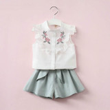 2017 summer Korean baby girls clothing set children heart shirt+bow shorts suit 2pcs kids floral bow clothes set suit