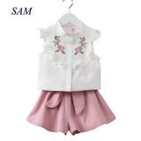2017 summer Korean baby girls clothing set children heart shirt+bow shorts suit 2pcs kids floral bow clothes set suit