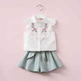 2017 summer Korean baby girls clothing set children heart shirt+bow shorts suit 2pcs kids floral bow clothes set suit