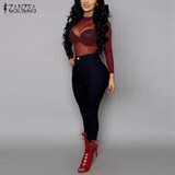 2017 Summer Hot Sexy Women Blusas Sexy See Through Transparent Mesh Stand Neck Long Sleeve Sheer Blouse Shirts Ladies Tee Tops