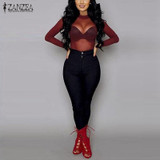 2017 Summer Hot Sexy Women Blusas Sexy See Through Transparent Mesh Stand Neck Long Sleeve Sheer Blouse Shirts Ladies Tee Tops