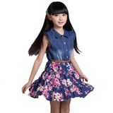 2017 summer girls clothing children clothes kids dress cotton denim girls floral print dresses girl princess dress with flower