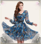 2017 Summer Floral Print V-Neck Long Sleeve Women Dress Elegant Casual Chiffon Party Dresses + Belt vestidos