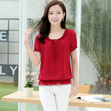 2017 Summer Female Short-sleeve Chiffon Shirt Loose Plus Size Women Ruffled Neck Blouse Summer Casual Tops Hot  Sale 31122
