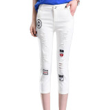 2017 Summer Fashion Women High Waist Skinny Jeans Embroidery Pencil Pants Capris Female Stretch Casual Cotton Hole Denim Pants