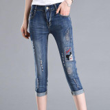 2017 Summer Fashion Women High Waist Skinny Jeans Embroidery Pencil Pants Capris Female Stretch Casual Cotton Hole Denim Pants