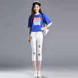 2017 Summer Fashion Women High Waist Skinny Jeans Embroidery Pencil Pants Capris Female Stretch Casual Cotton Hole Denim Pants