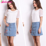 2017 Summer Fashion Floral Embroidery Denim Skirt Womens High Waist Jean Skirt Button Up Skirts A-line Mini Skirt