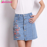 2017 Summer Fashion Floral Embroidery Denim Skirt Womens High Waist Jean Skirt Button Up Skirts A-line Mini Skirt