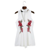 2017 Summer Elegant V Neck Rose Florla Embroidery Women Playsuits Sleeveless White Spring Rompers Jumpsuits Casual Beach Overall