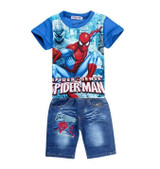 Retail spiderman kids clothing sets,fashion cartoon children summer shirt jeans shorts set, toddler boys clothing