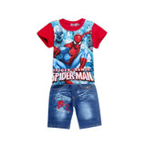 Retail spiderman kids clothing sets,fashion cartoon children summer shirt jeans shorts set, toddler boys clothing